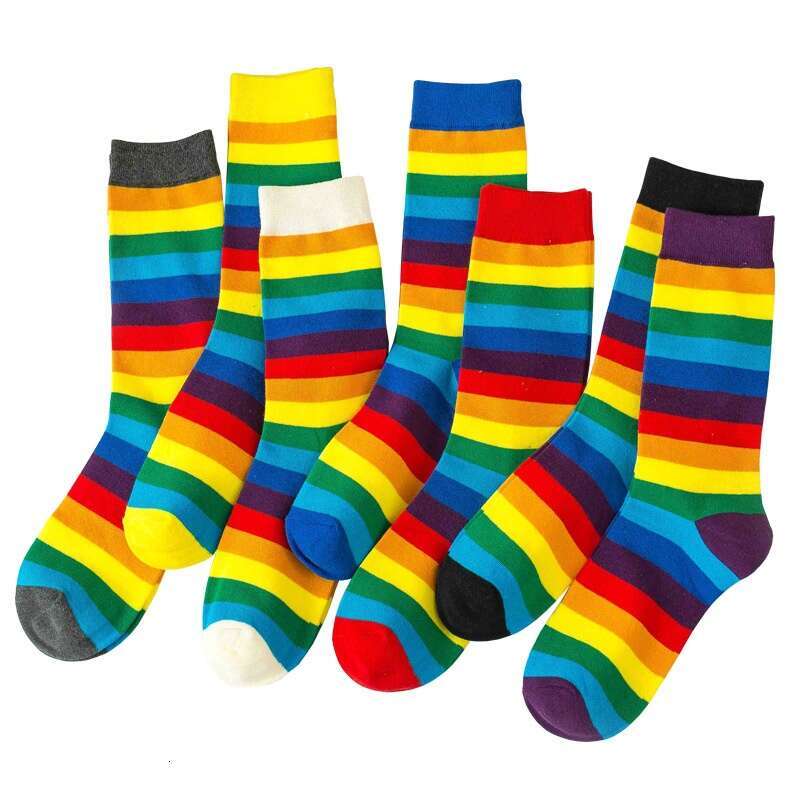 Socks For Children, Mid Tube Socks, Spring And Summer, Korean Version, Internet Celebrity, Long Rainbow Candy Stripe, High Tube, Ins, Trendy Cotton So