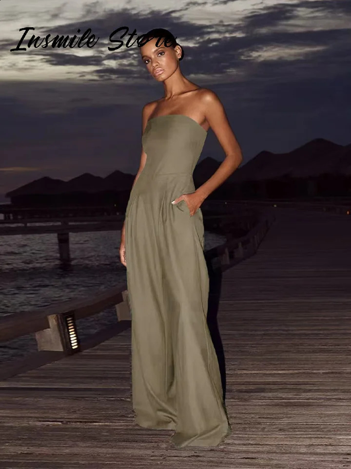 Casual Women Playsuit Sleeveless Backless Wide Leg Solid Pleated Female Strapless Jumpsuit 2025 Summer Chic Lady Playsuits 250519
