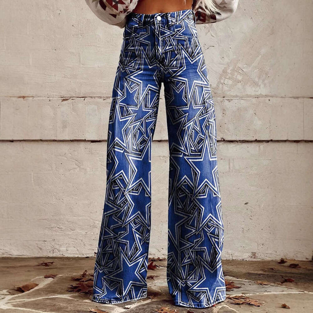 2025 High-Waisted Wide-Leg Printed Jeans for Women - Stretchy Casual Fashion