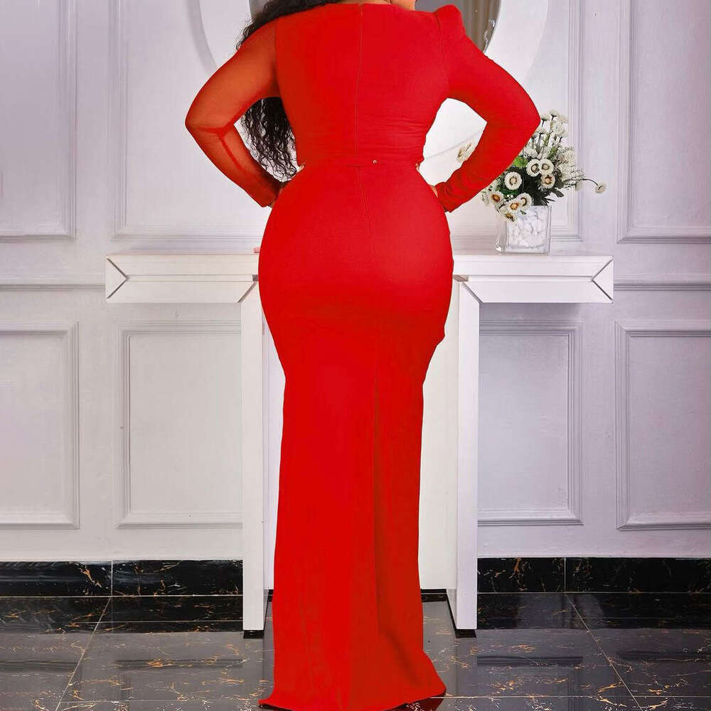 Women's Wear Mesh Splicing Solid Color Oversized Fashionable Slit Long Dress, Dress