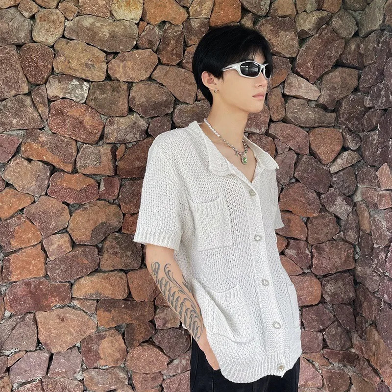 Mens Clothing Leisure y Knitted Shirt Harajuku Fashion Solid Color Short Sleeve Buttondown Korean Knitwear Summer 250520