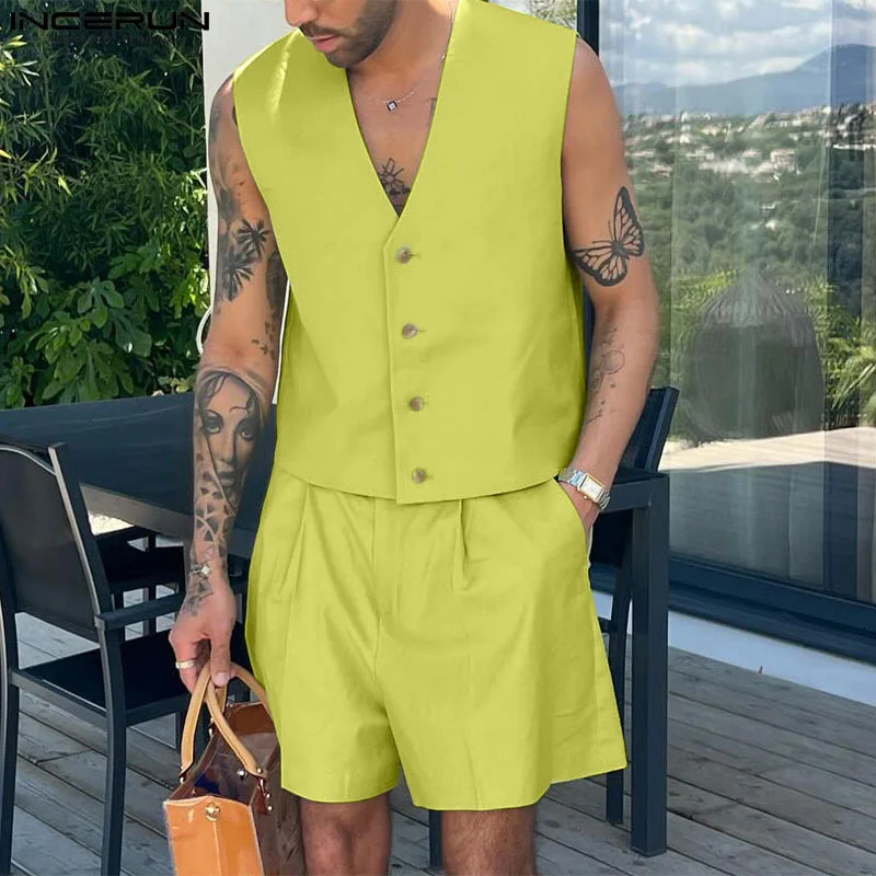 INCERUN Men Sets Solid Color V Neck Sleeveless Crop Vests Shorts Two Pieces Sets Streetwear Fashion Mens Casual Suits 250519