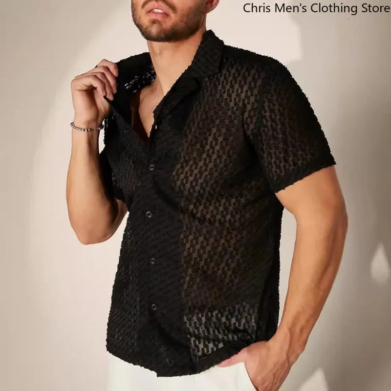 Summer Relaxed Casual Business Thin Breathable Mens Shirt ner Fashion Hollowout Perspective Men Tshirt 250520
