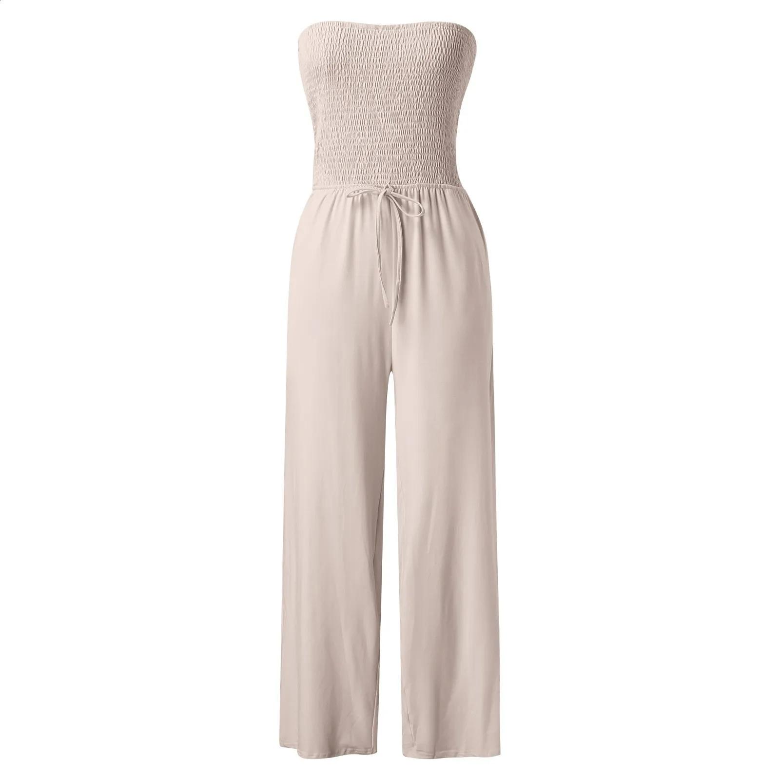 Sexy Strapless Straight Jumpsuits Womens Ruched Lace Up Wide Leg Overall Streetwear Solid Color Long Casual Romper 250519