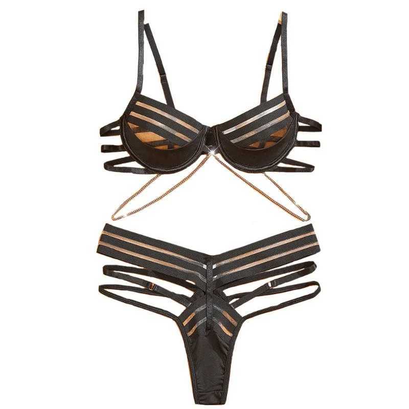 Sexy Lingerie Suit for Women Mesh Patchwork Chain Lingerie Set Sexy Hollow Out See-through Womens Underwear Bra Set New R250520