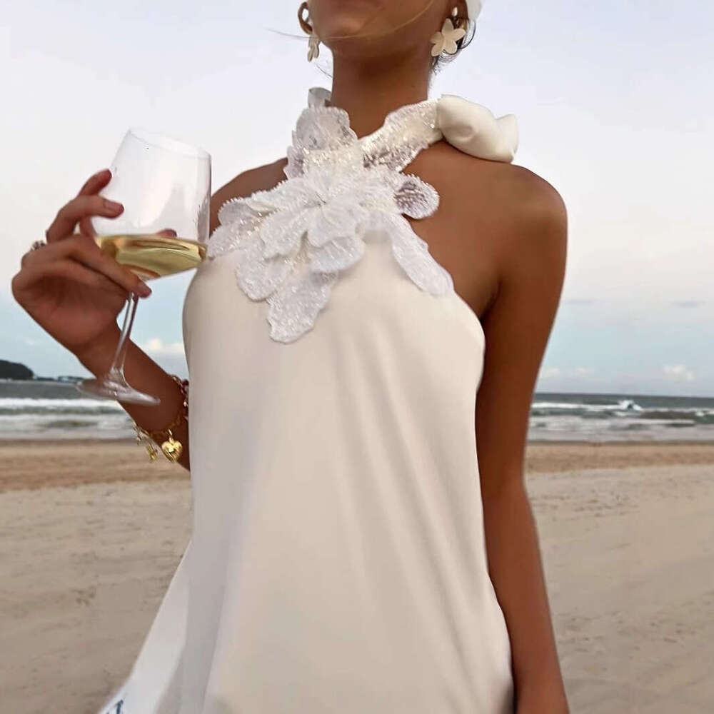 2025 Top selling Satin Summer Cool and Retro White Hook Flower Neck Hanging Evening Long Dress New Casual Fashion Trendy Clothing