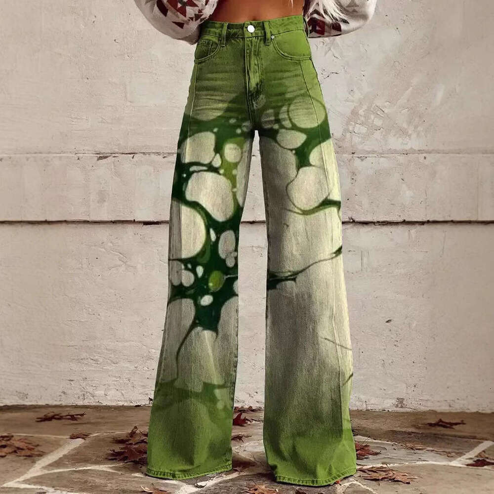 2025 Trendy High-Waisted Wide-Leg Jeans for Women - Printed Stretch Casual Style