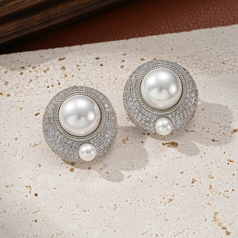 SENYU Charm Buttons Stud Earrings Paved Cubic Zircon with Pearl for Dubai Party Jewelry Indian Bridal Earring 250517