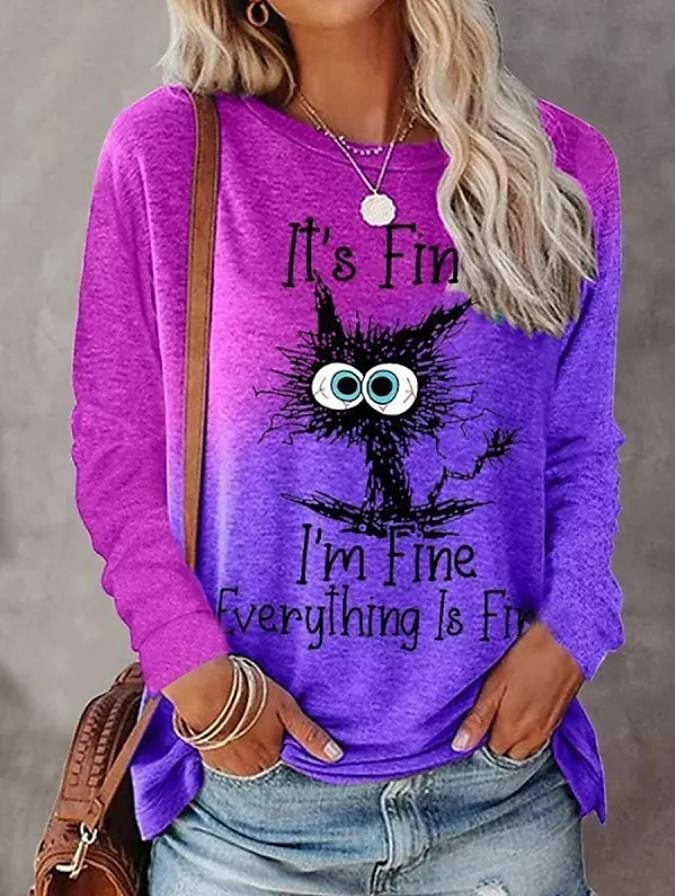 2025 New Women's Plus Size Pet Cat Printed Designer Clothing Round Neck Long Sleeve T-shirt Fashion Trendy Clothing