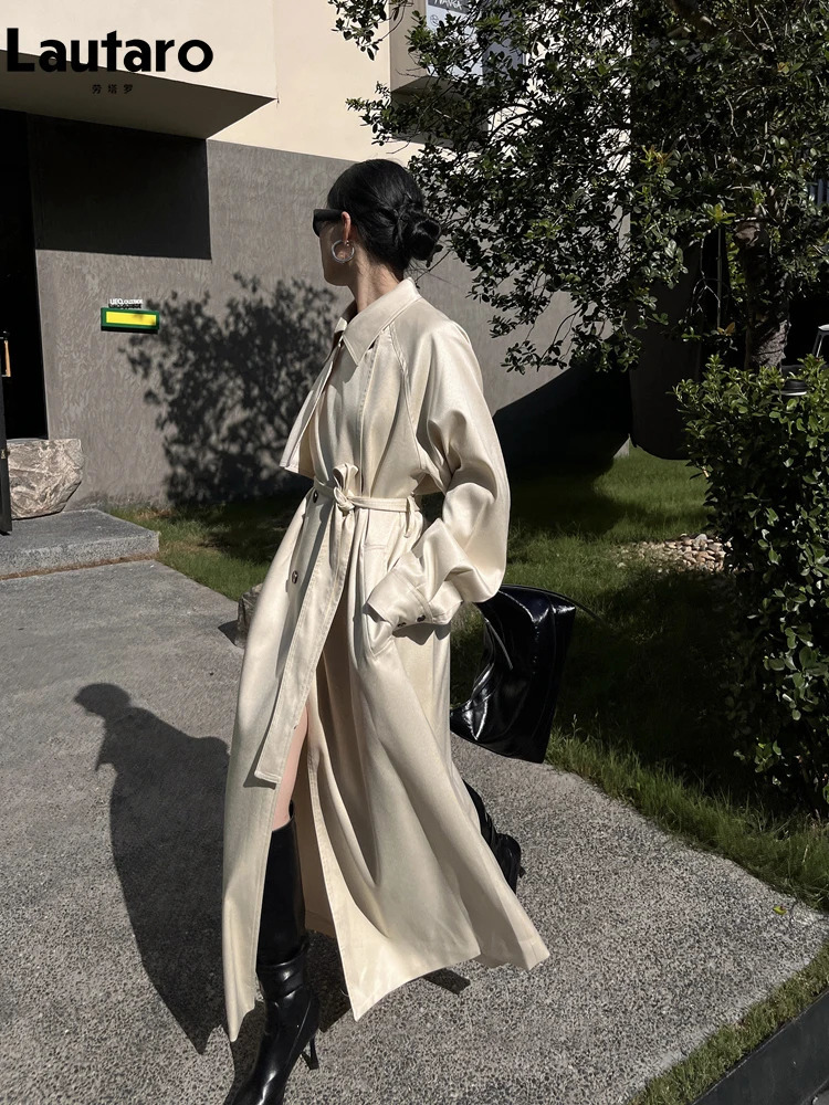 Lautaro Spring Autumn Long Shiny Soft Flowy Trench Coat for Women Sashes Double Breasted Loose Casual European Overcoat 250520