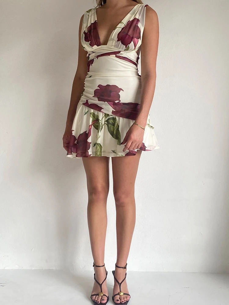 Mozision Backless Ruffle Print Sexy Mini Dress Women Robe Elegant Fashion Halter Hollow Out Sleeveless Ruched Draped Club 250520