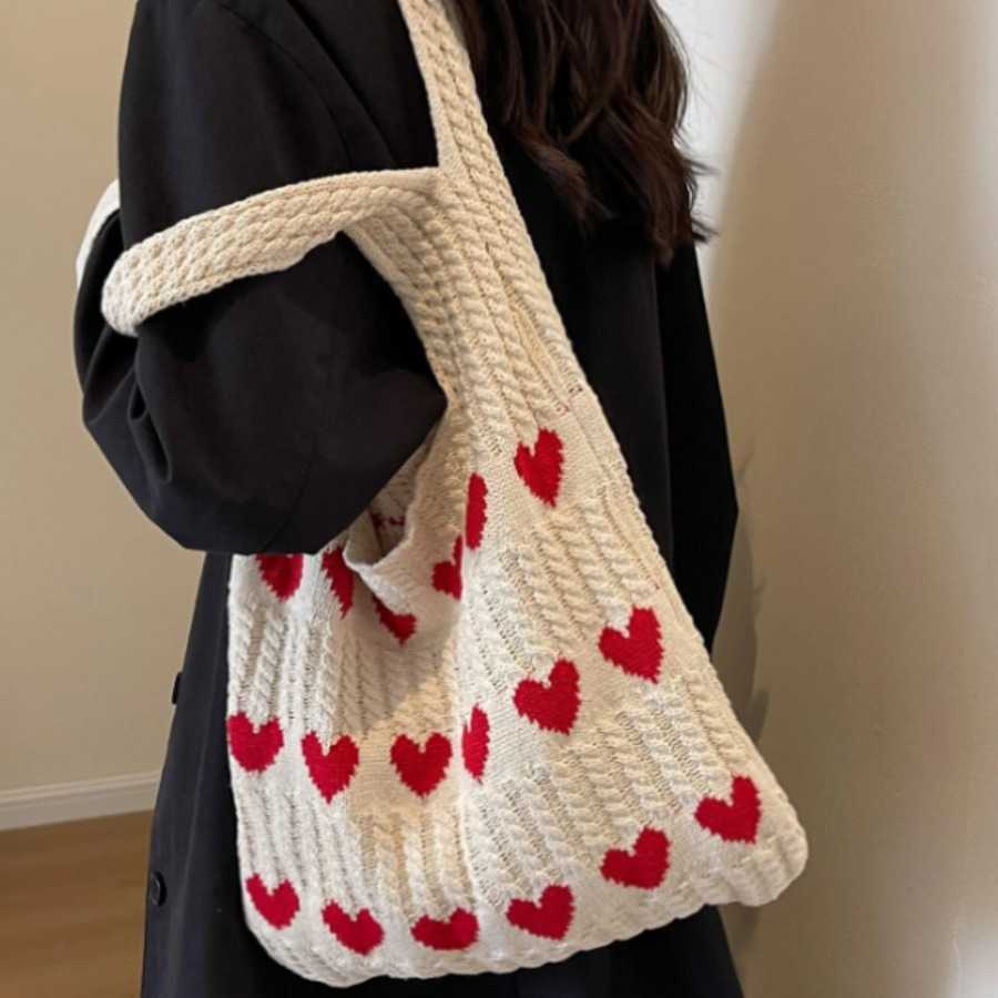 Knitted Love Tote Bag Early Autumn New Small Fresh Simple Fashion Knitted Bag Personalized Western Shoulder Bag
