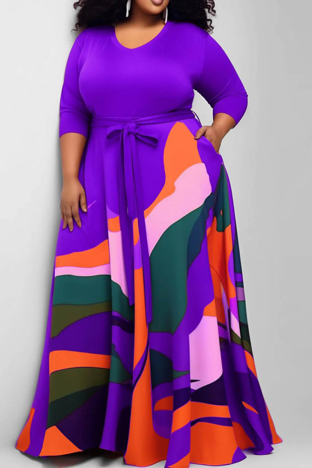 Plus Size Casual Dress Red All Over Print Round-Neck Knitted Maxi Dress With Pocket 250519