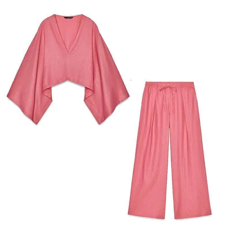 TRAF Wide Leg Pants For 2 Causal Loose Sleeve V Neck Shirt Drawstring Trousers Two Piece Set Women Outfit
