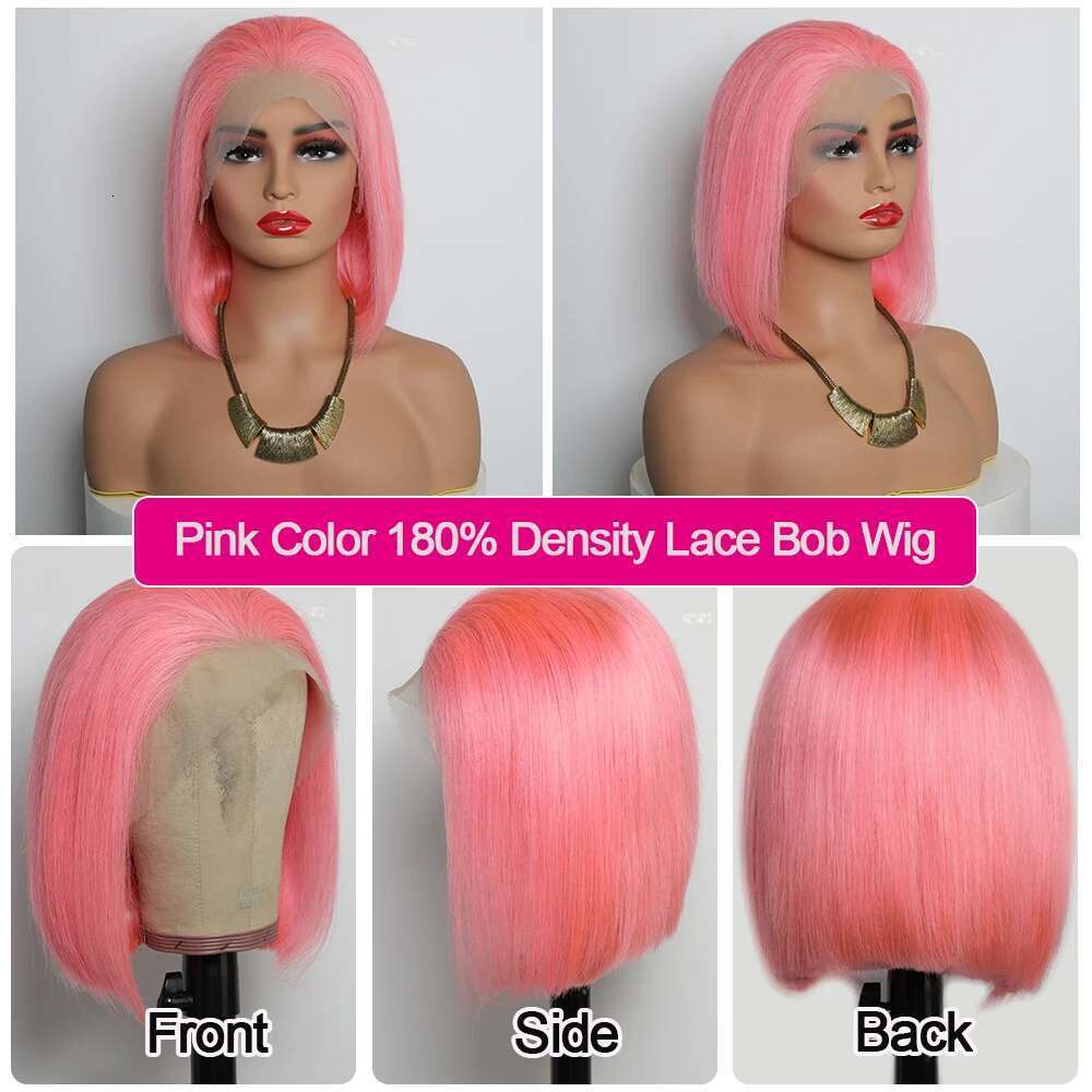 Pink Wig 180% Denity 13X4 Lace Frontal Pre Plucked Brazilian Remy Short Bob Human Hair Wigs