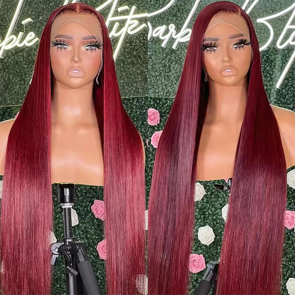 Bone Straight Lace Wigs Burgundy 250 Density 34 Inches Bone Straight Hair 13x4 Transparent Lace Front Look Like Human Hair Wigs Brazilian 13x4 Glueles