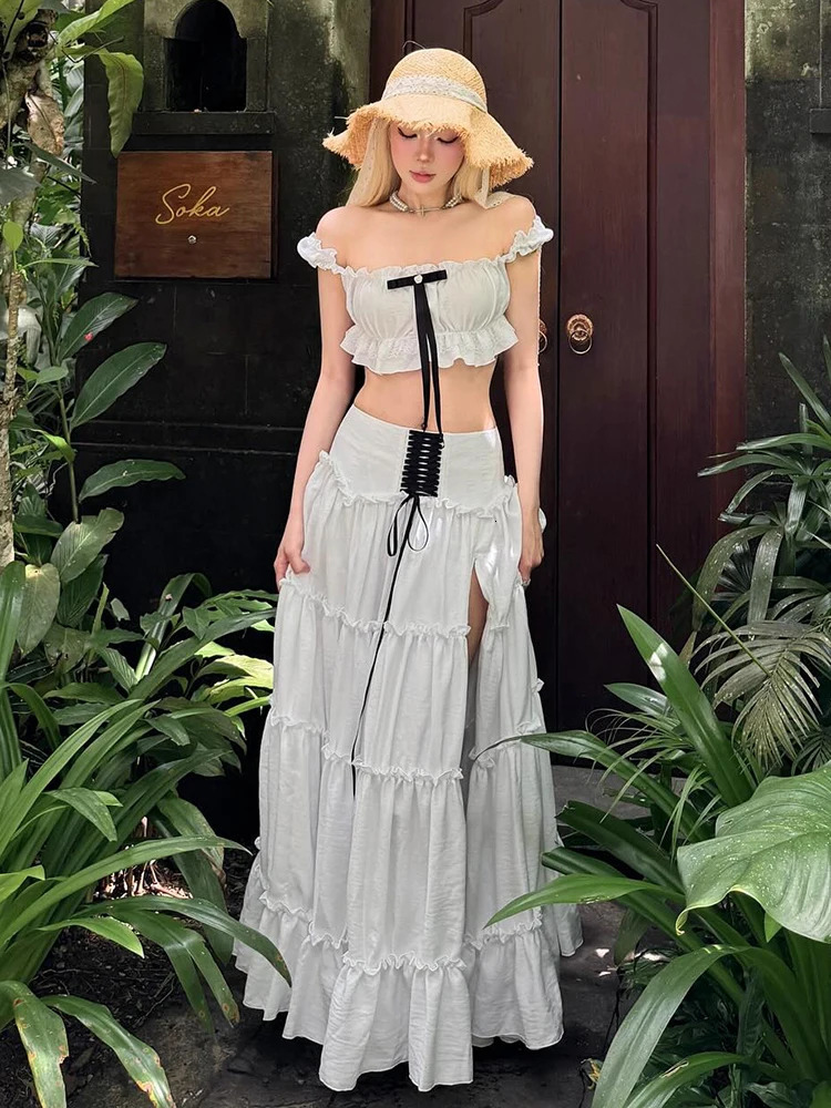 Weird Puss Sweet 2Piece Set Women Y2K Slash neck Patchwork Lace Bow Crop TopsHigh Split Bandage Skirts Matching Vacation Suits 250520