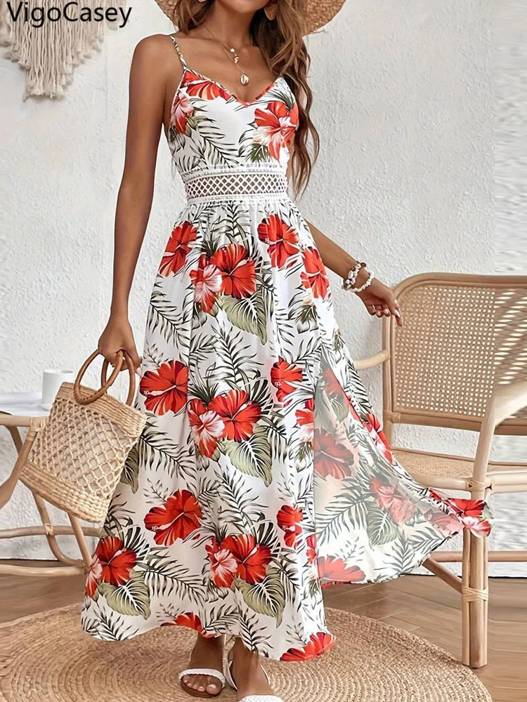 VigoCasey Summer Female Print Casual Bodycon Dress Women Sexy Sleeveless Strap Long Lace Patchwork Tight Club Dresses 250520