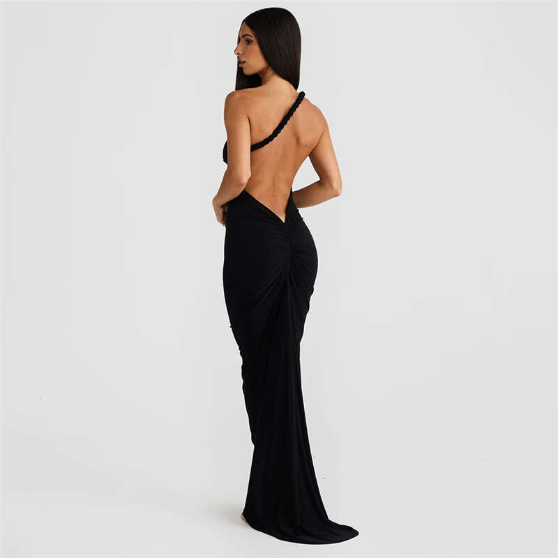 Halter Dress Feng Spring Summer Women S New Hanging Neck Large Open Back Pleated Wrapped Hip Sexy Long Dress Maxi Dress