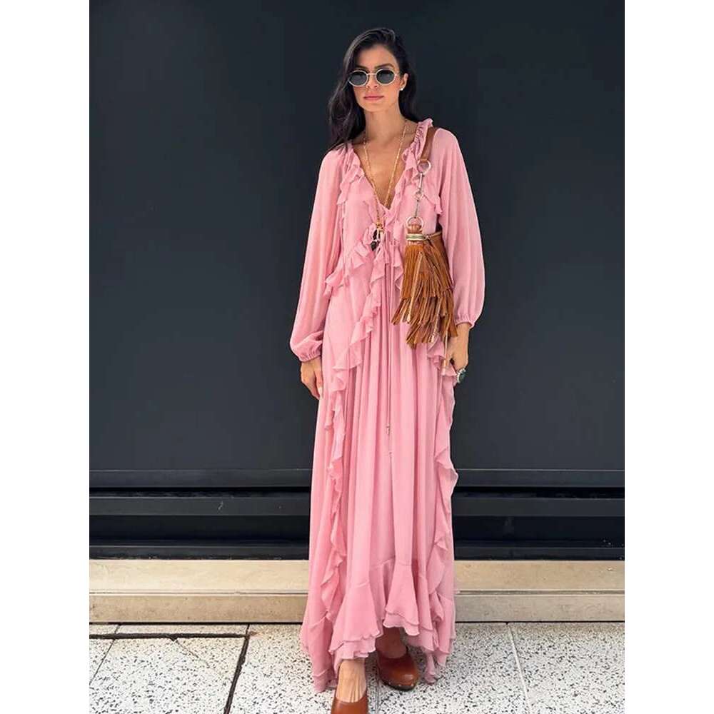 Elegant Solid Multiple Flounces Full Sleeve Robes Chic Loose V Neck Lace Up Pleated Dresses New Lady Summer Party Club Gown 2025 Designer