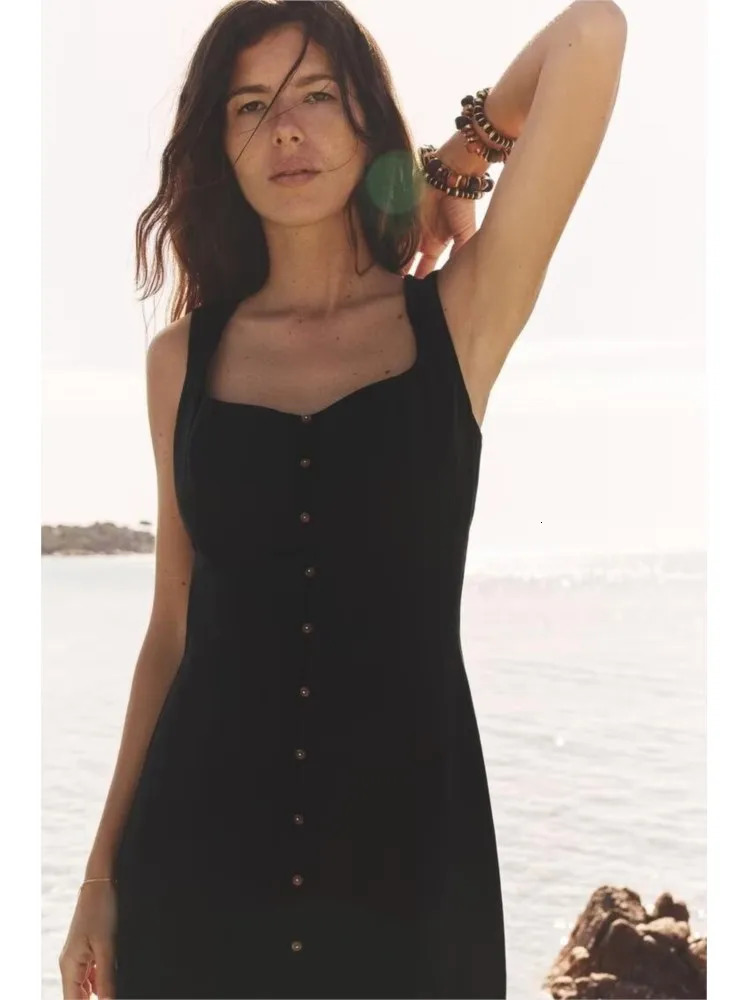 TRAF Simple Women Dress Sleeveless Lady Square Neck Womens Casual Midi With Button Side Zipper Female 250520