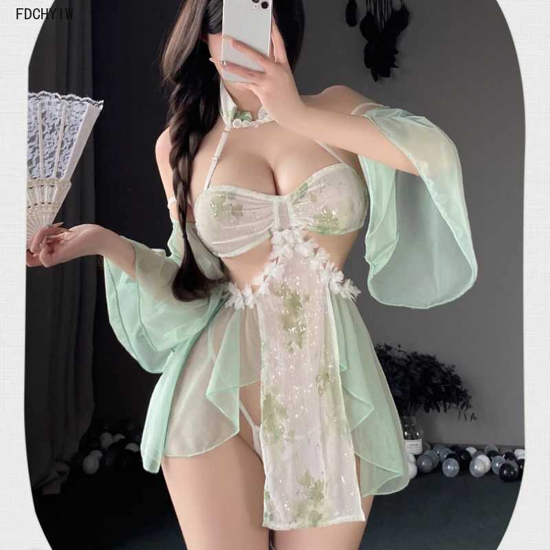 Sexy Split Cheongsam Skirt See-through Hanfu Women Porn Set Chinese Improve Traditional Dress Exotic Charm Costume Green 2025new R250520