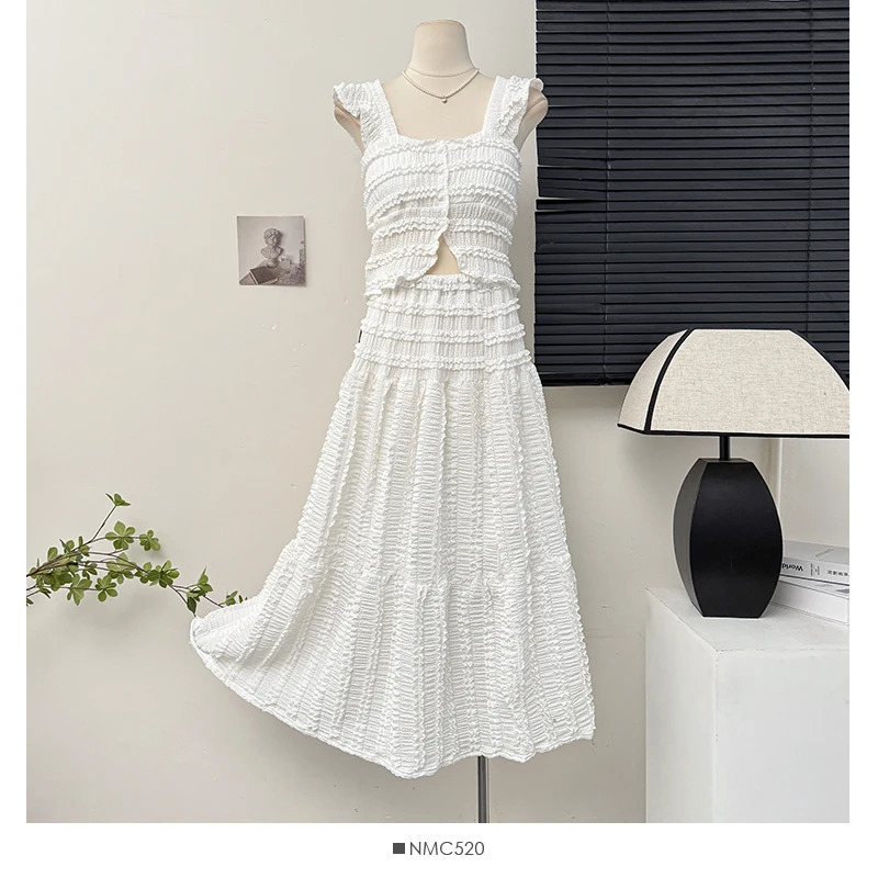 Summer Women Single Breasted Mini Camisole Elastic Waist A Line Long Skirt 2pcs Set Suits Beach Style 250520