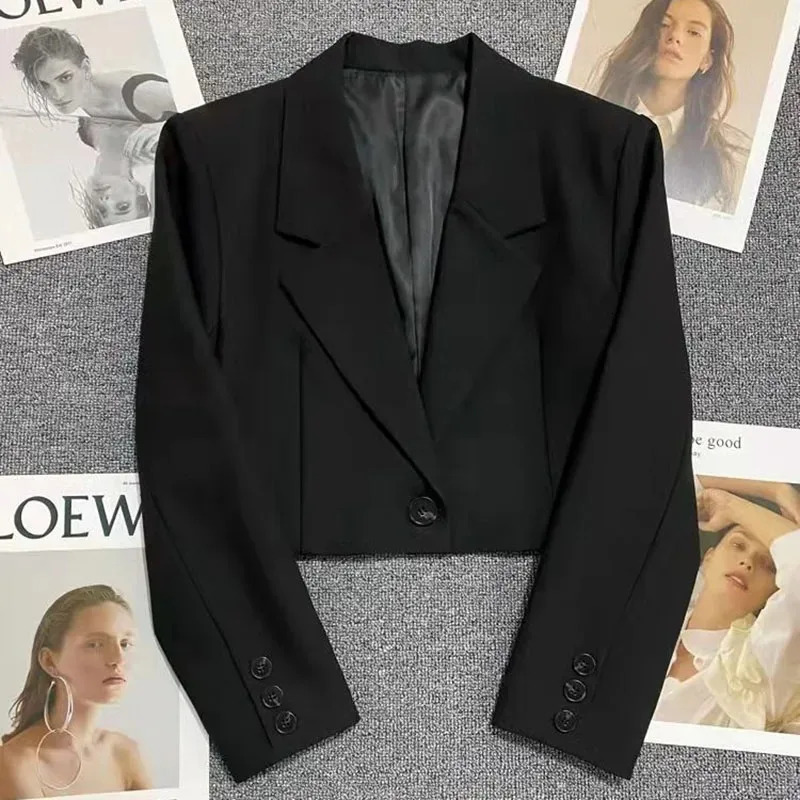 Black Cropped Blazers Woman Trend All-match Notched Collar Crop Jacket Women Korean Chic Single Button Suit Coat 250515
