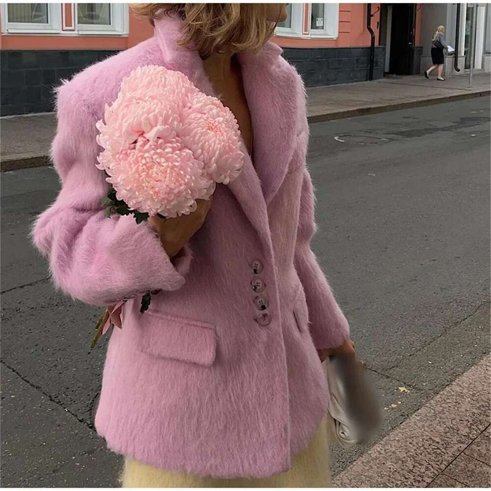 Women's Fashion Lapel Pink Coats Single Breasted Long Sleeve Elegant Coat Autumn Winter Warm Blazer Casual Pockets Lady Outwear