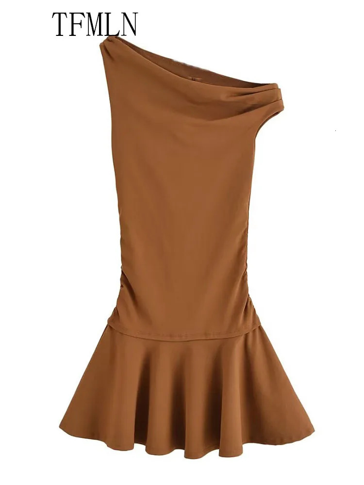 TFMLN Women Solid Asymmetrical Mini Dress Summer Sleeveless Diagonal Collar Causal Slim Fashion High Street 250520