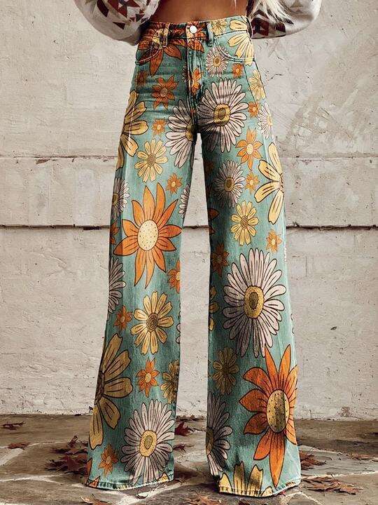 Women's High-Waisted Wide-Leg Stretch Jeans - Printed Design for Casual Chic Look