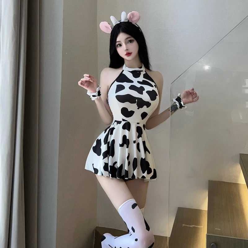 Cute Cow Cosplay Uniform Sexy Milk Cow Costume Seduction Lingerie Anime Lolita Playful Cat Girl Printed Dress Adult Sex Set R250520