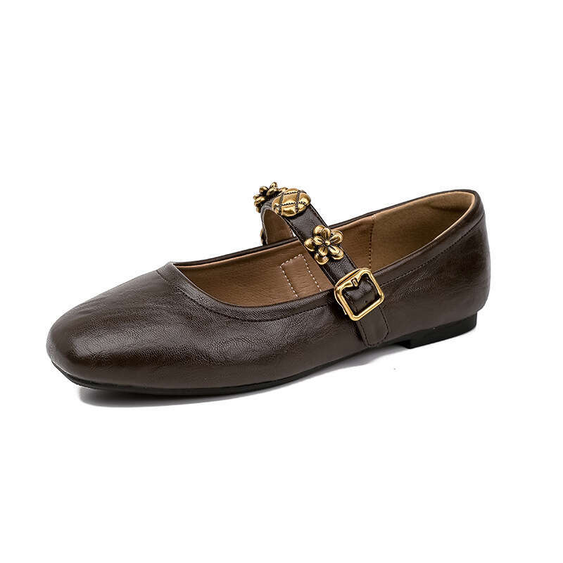 round Hot Hot toe shallow mouth metal buckle single shoe for women's professional commuting soft sole low heel French Mary Jane shoes