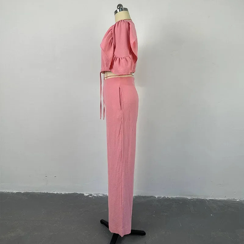 Fashion Women Two Piece Set Outfits Pink V-Neck Flared Sleeve Lace Up Top Casual Wide Leg Pants Set Female Suit 250516