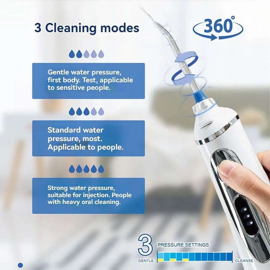 Waterpulse oral dental floss irrigator, tooth cleaner 240ML, 3-speed adjustable, 2000mAh, 4 replacement nozzles
