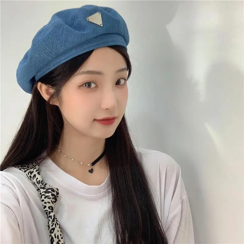 Female Metal Label Cowboy Cotton Denim Beret Women Versatile Painter Hat Headwear Berets Caps 250520