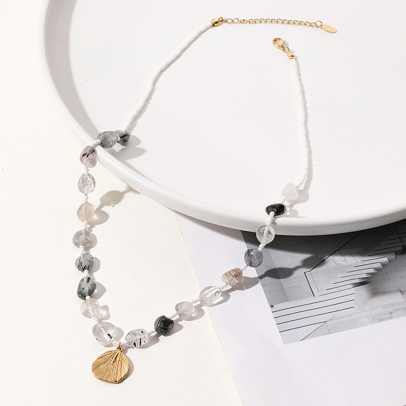 Cold style natural stone necklace, French pearl studded collarbone chain, sweater chain