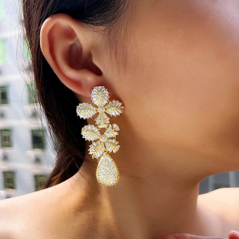 CWWZircons Stylish 3 Tone Long Leaf Drop Earrings for Women Shiny Cubic Zirconia Micro Pave Bridal Statement Party Jewelry E0557 250517