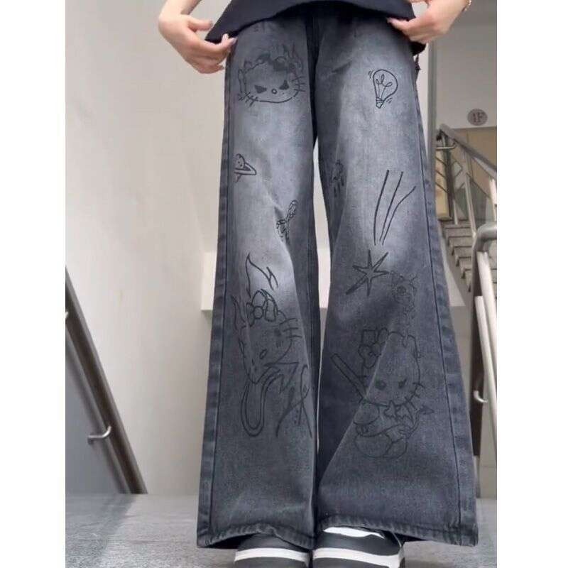 Small hand drawn cartoon graffiti wide jeans for women's spring and summer design sense, niche high waisted loose straight leg pants