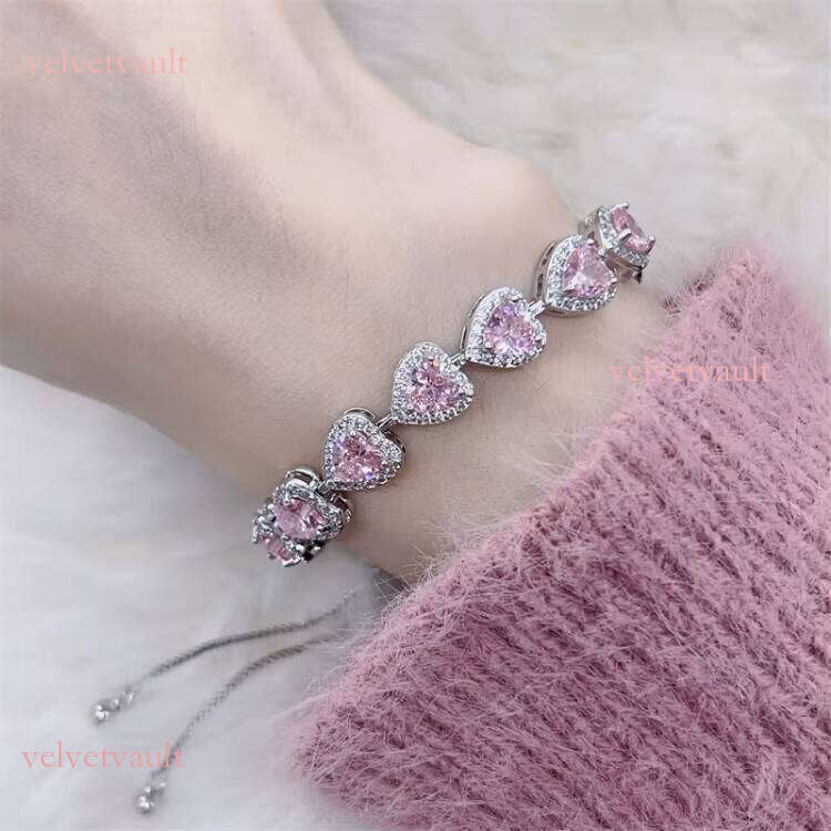 MC340 Sweet Style Shining Pink Zircon Heart Charm Adjustable Chain Bracelet Fashion Women's Accessories
