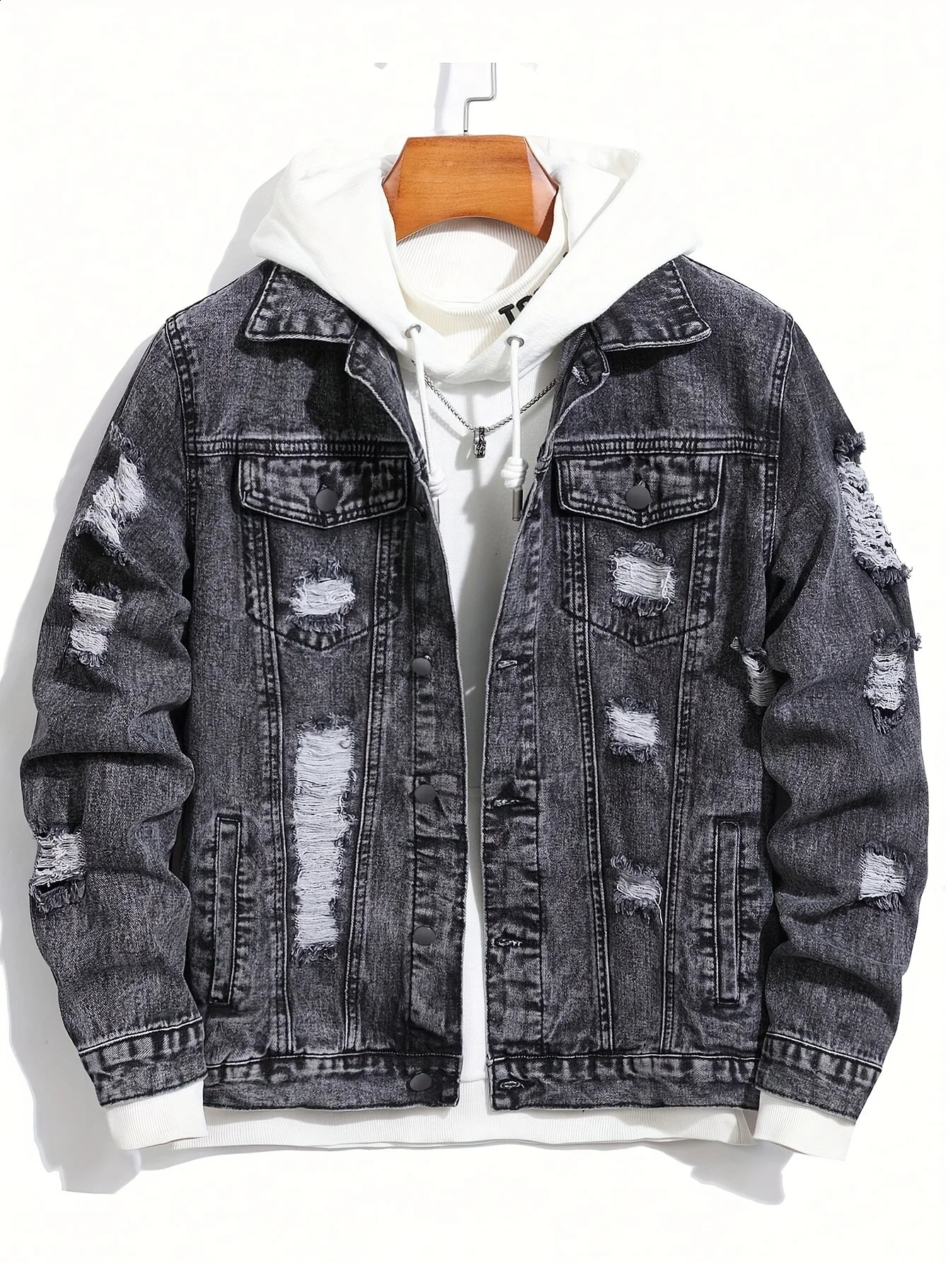 1PC Mens Four Seasons Style Old Stoashed Black Flight Jacket Daily American Street Casual Denim 250516