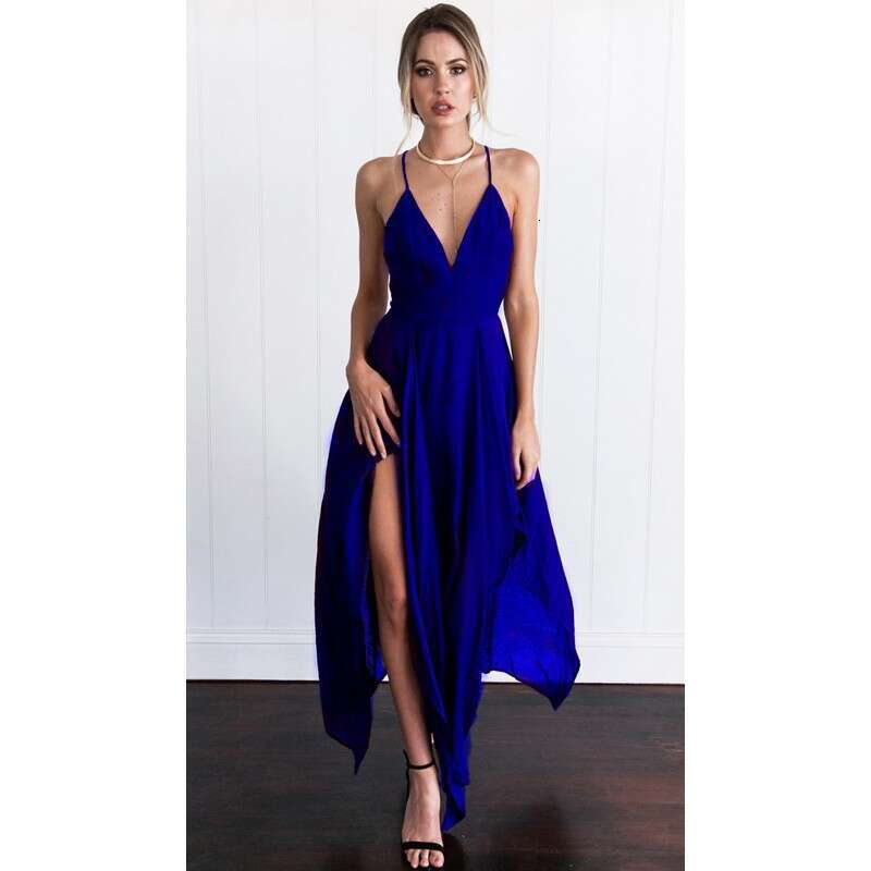 Halter Dress Nightclub Sexy V Neck Backless Sleeveless Camisole Asymmetrical Dress Maxi Dress