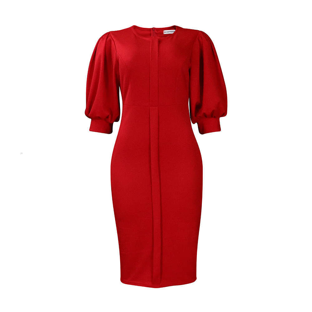 Women's Wear Women's Spring New Half Sleeves Round Neck Bubble Sleeve Wrapped Hip Style Tongle Large Size Dress