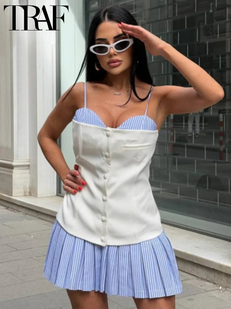 TRAF Womens Pleated Slip Dress Summer Woman Elegant Mini Sleeveless Backless Vestidos Poplin Button Up Korean Style 250520
