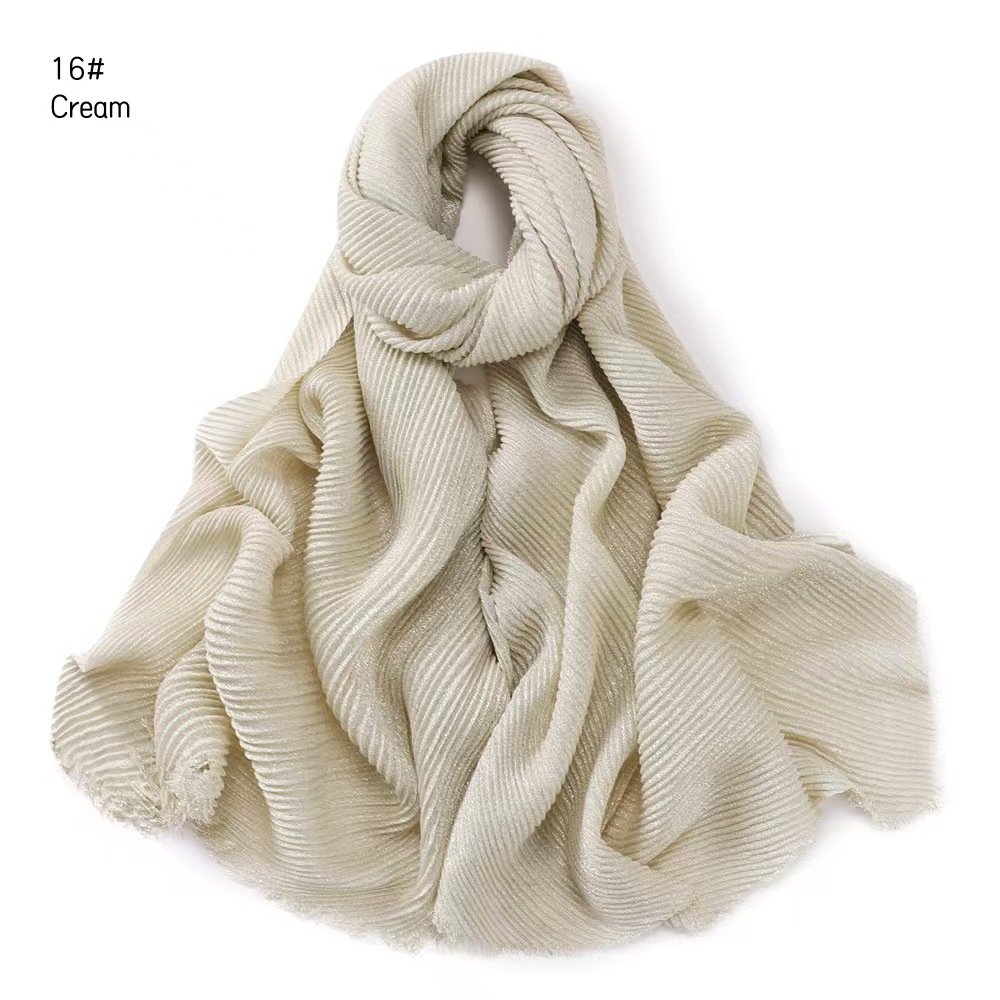 T755 gold and silver thread monochrome cotton and linen wrinkled scarf solid color short beard tassel headscarf shawl