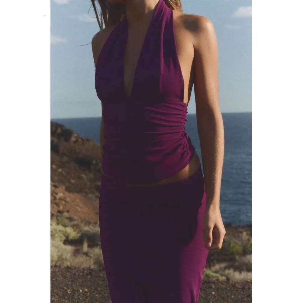 TRAF Elastic Skirt 2 Halter Backless V Neck Women's Top High Waist Midi Skirts Two Piece Set Women Outfit