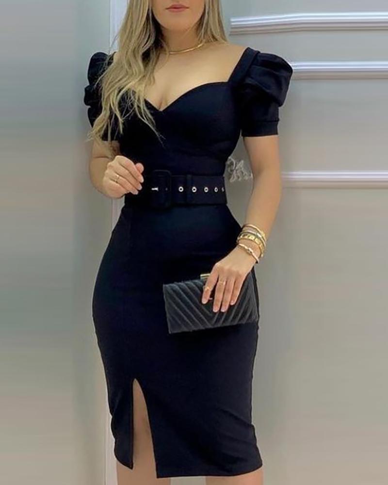New European and American women's clothing puff sleeve square neck sexy tight hip dress with belt