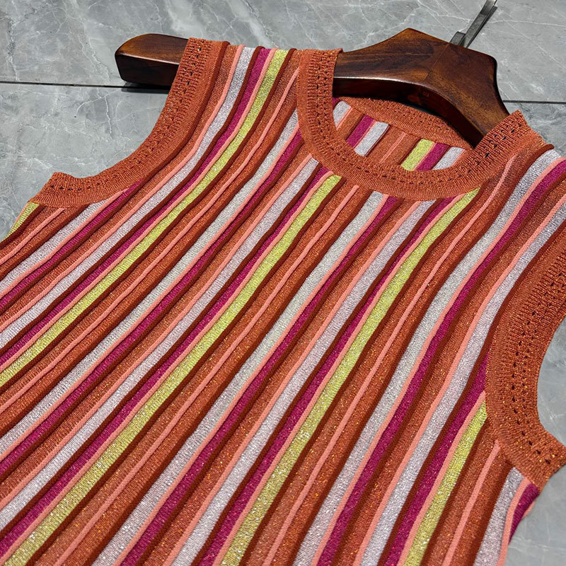 Summer New Women's Round Neck Striped Sleeveless Dress Elegant Knit Design Calf-Length Pleated Vest Dresses Fashion Classic Luxury Bright Silk Cl