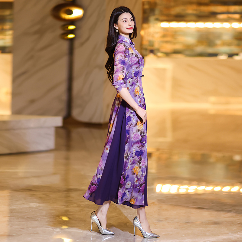 summer chinesestyle cheongsam maxi dresses for women exuding highend elegance and graceful with short sleeves printed chiffon fabric and a onepiece de