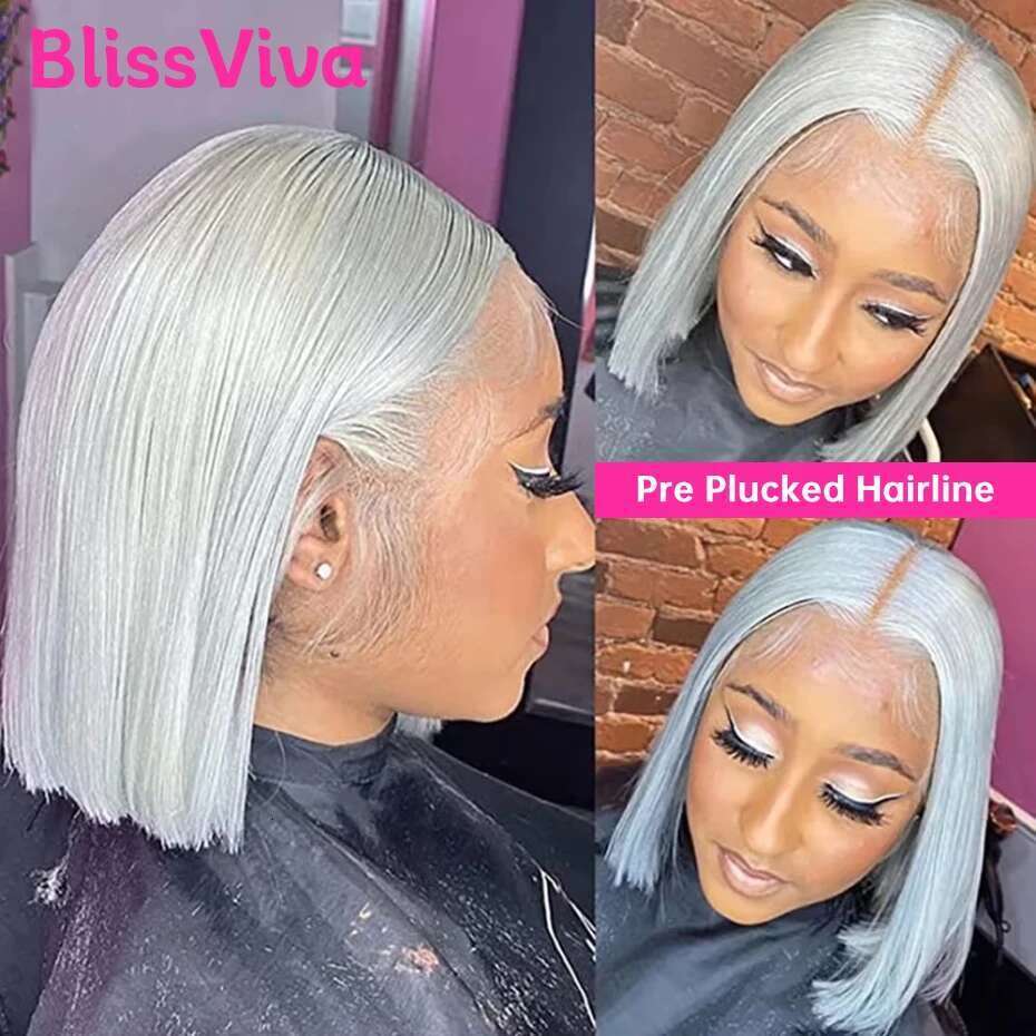 13x6 Short Sier Grey Front Wigs Pre Plucked Ash Gray Blonde 613 Lace Frontal Human Hair Bob Wig